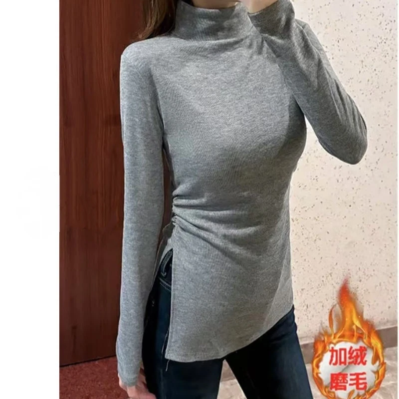 纯色磨毛加厚长袖t恤打底衫内搭半高领加绒修身开叉遮肉上衣女