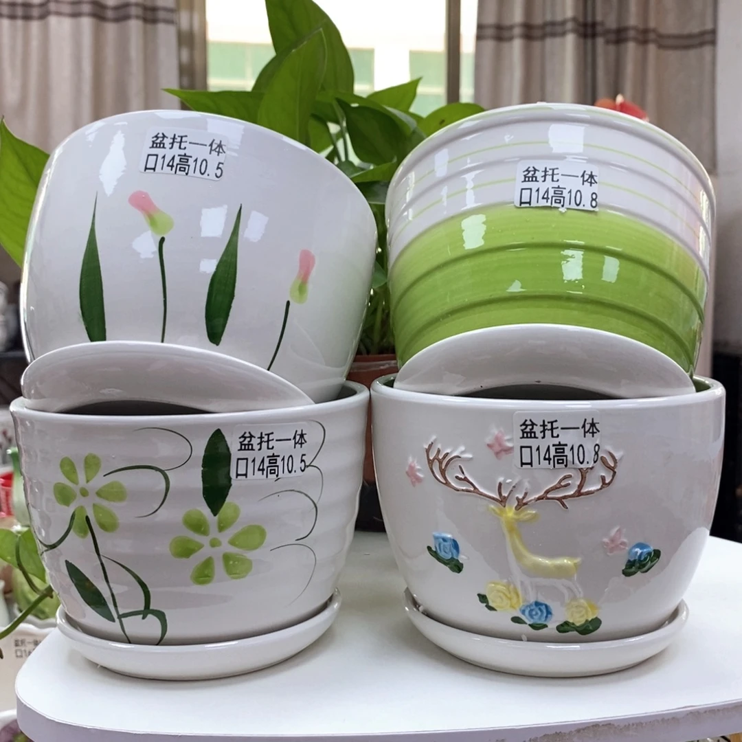 @夏西陶瓷花盆@@四个手绘