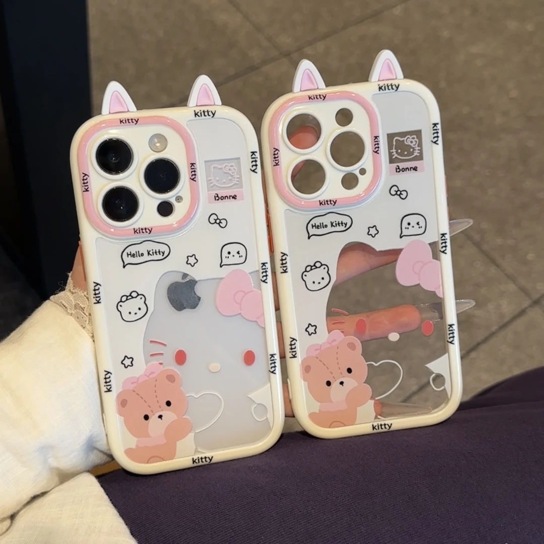 奥菲顿立体猫耳抱熊kt适用iPhone16奶油手机壳华为vivo小米15oppo