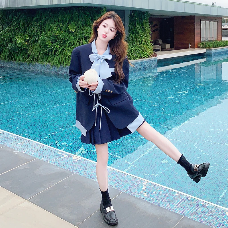 藏青色学院风蝴蝶结西装套装裙女春季新款百褶半身短裙减龄两件套