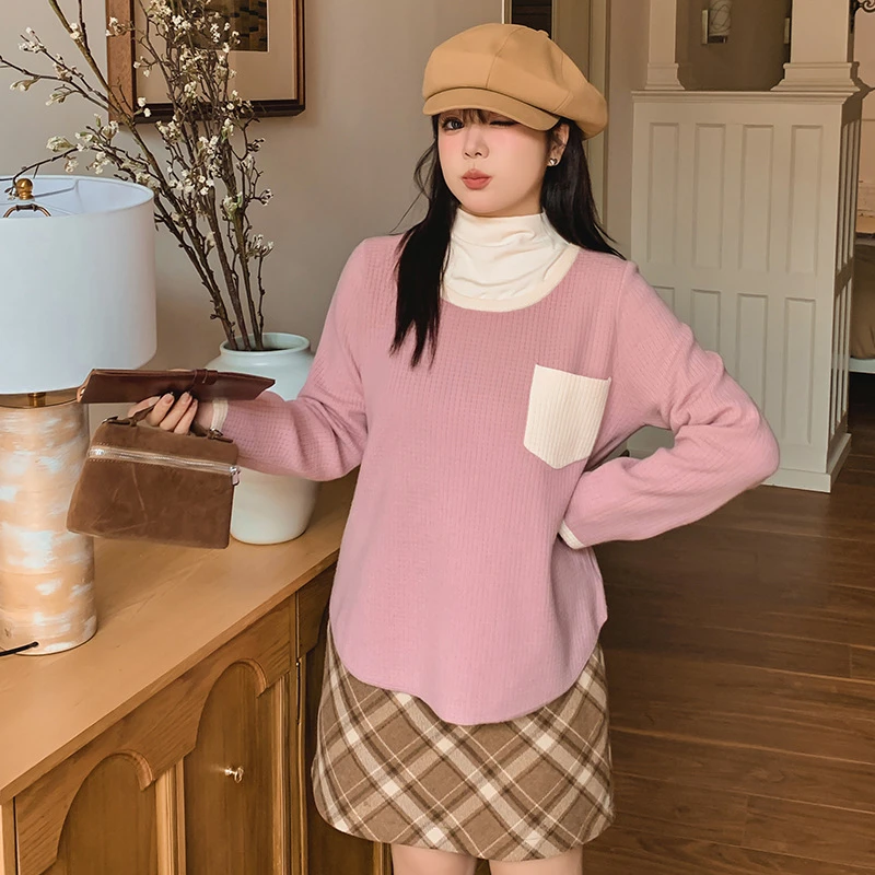 大码女装撞色休闲华夫格毛衣2024冬胖mm外穿内搭宽松针织衫22515