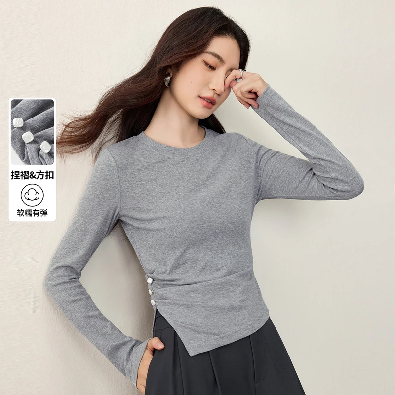 尚都比拉多色可选撞色方扣装饰斜捏褶收腰弹力针织长袖T恤A2685