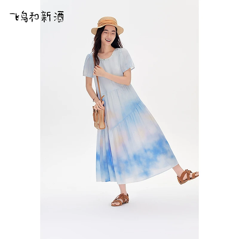 【大瑶】飞鸟和新酒晕染圆领短袖连衣裙度假风印花裙FD53182067
