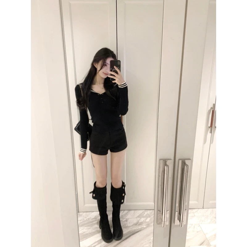 时尚学院风海军领长袖针织衫秋冬新款修身显瘦打底衫包臀短裤套装