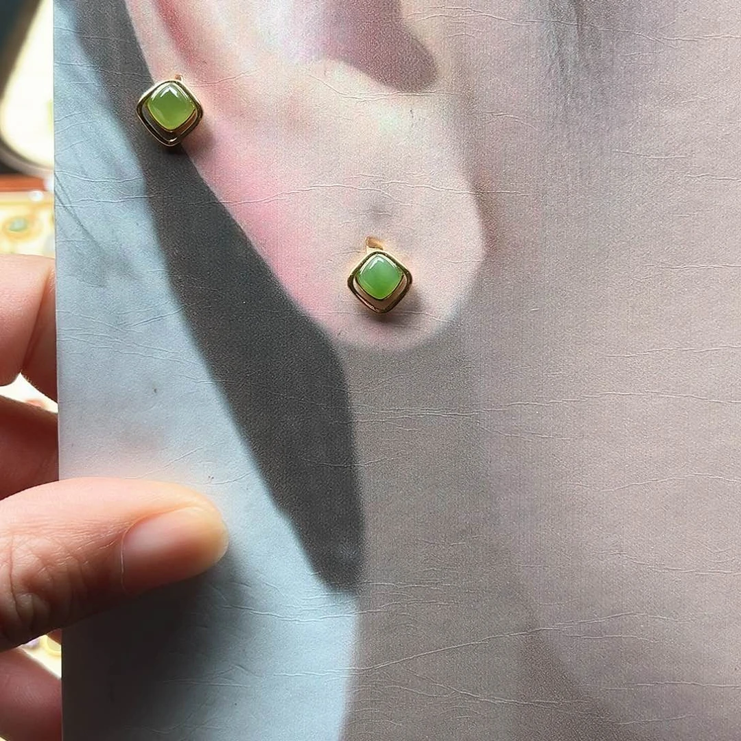 和田玉耳饰银S925镶嵌