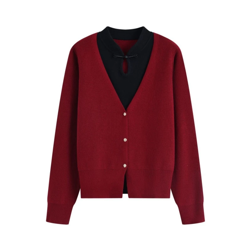 羊毛呢红色针织衫女新中式盘扣立领上衣 H 0545