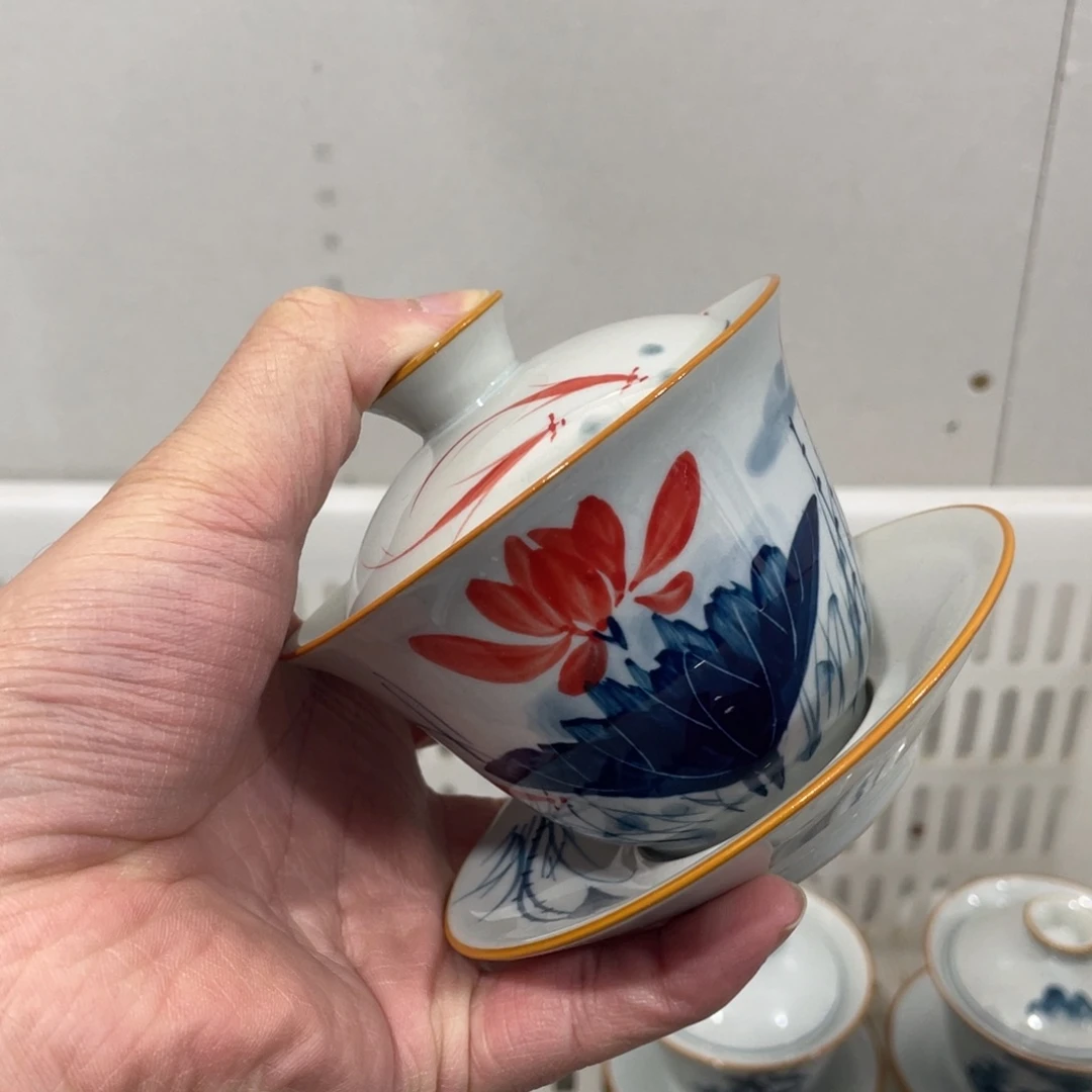 釉下手绘茶具，，大瑕