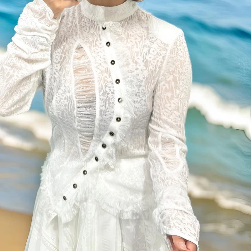 宫廷风重工蕾丝镂空修身长袖衬衫精致上衣