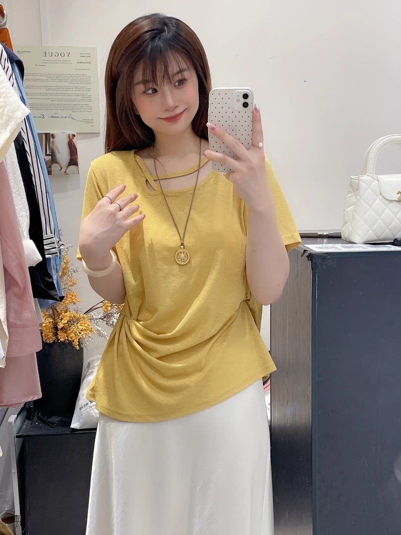 NS「时光记号」夏季小众设计感不规则简约显瘦休闲褶皱上衣T恤