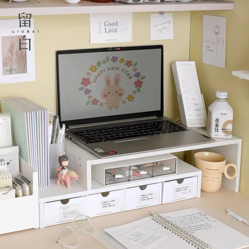 直播电脑增高架笔记本台式显示器桌面置物架带抽屉工位书桌收纳架