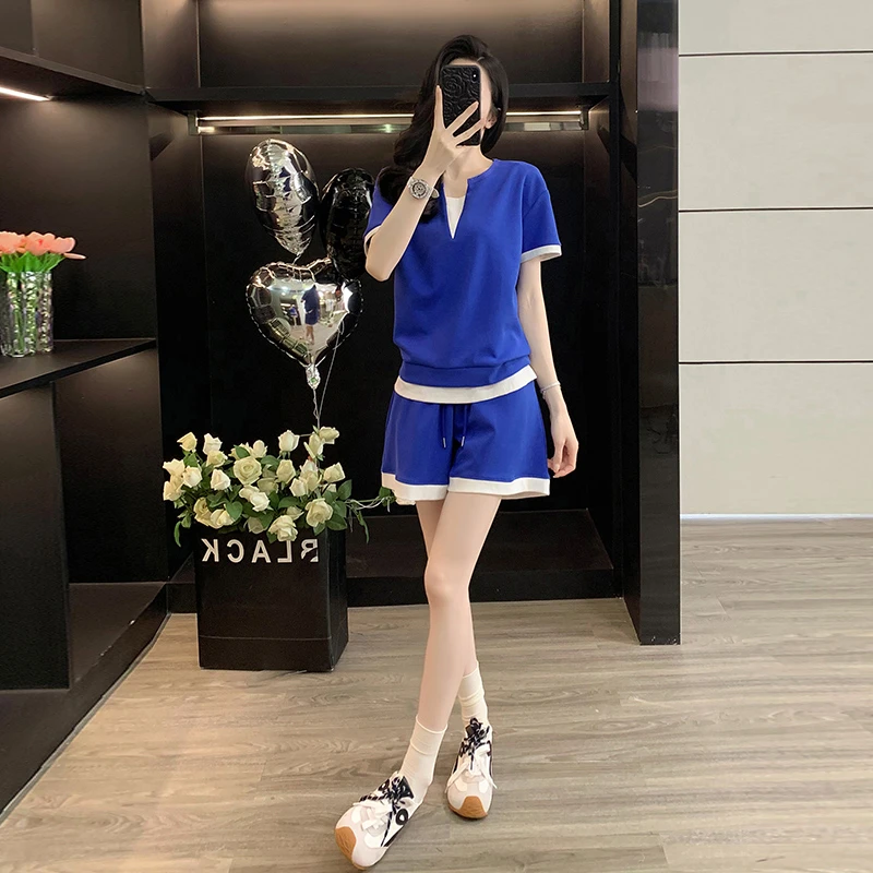 夏日穿搭新款个性假两件显瘦百搭女款短袖短裤蓝色休闲运动套装潮