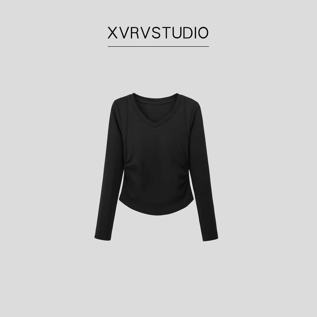 XVRV秋季新款黑色美式V领刺绣长袖打底衫T恤褶皱收腰修身上衣