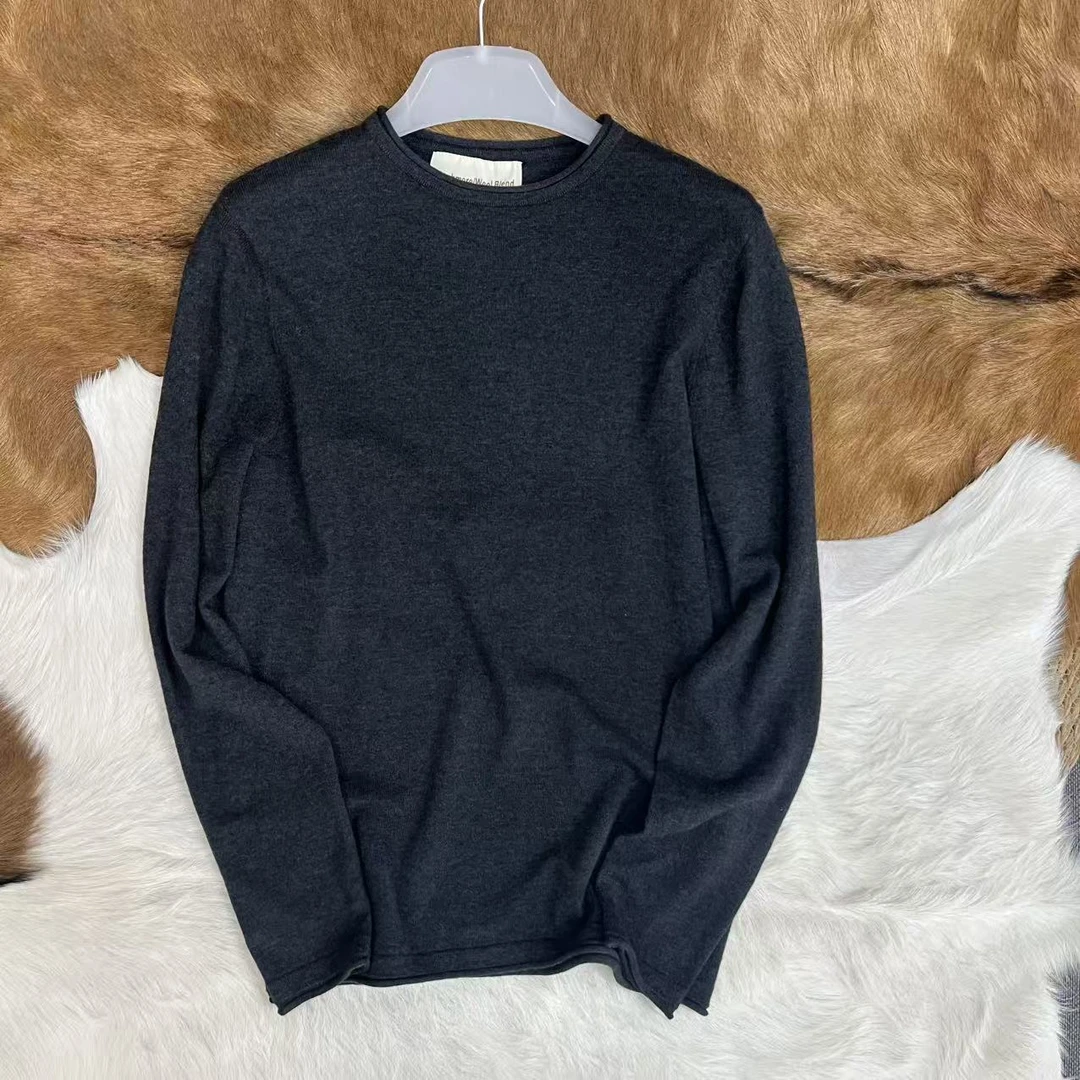 轻奢面料羊绒10.9% 羊毛79.4 % 出口订单男士圆领卷边套头毛衣