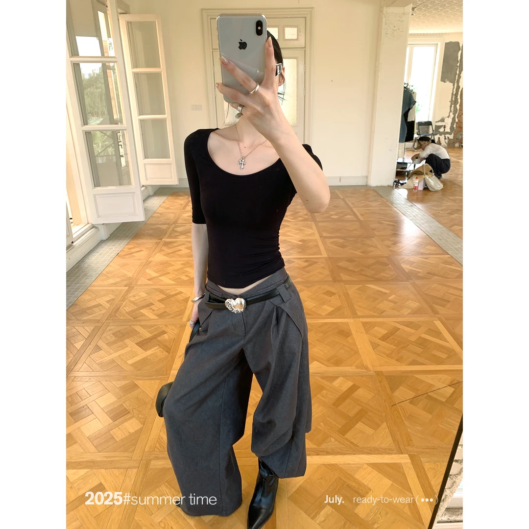 SUNONEONE 美式复古高级感褶皱新款V腰宽松弯刀休闲裤女 D0220K