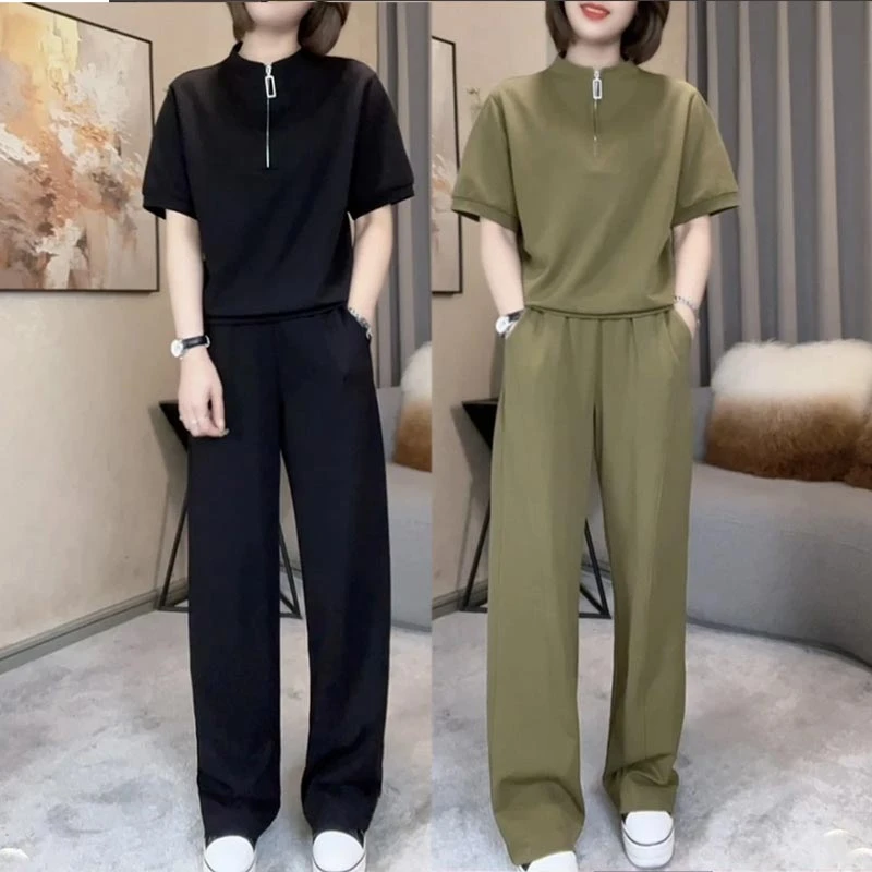 2025春夏季新款休闲时尚显瘦遮肉运动套装女半拉链立领上衣休闲裤