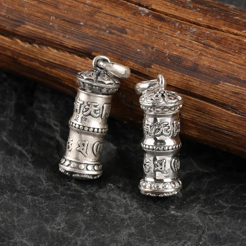 吊坠足银 佛家六字真言嘎乌盒吊坠男国潮本命年吉言宝杵空盒挂件