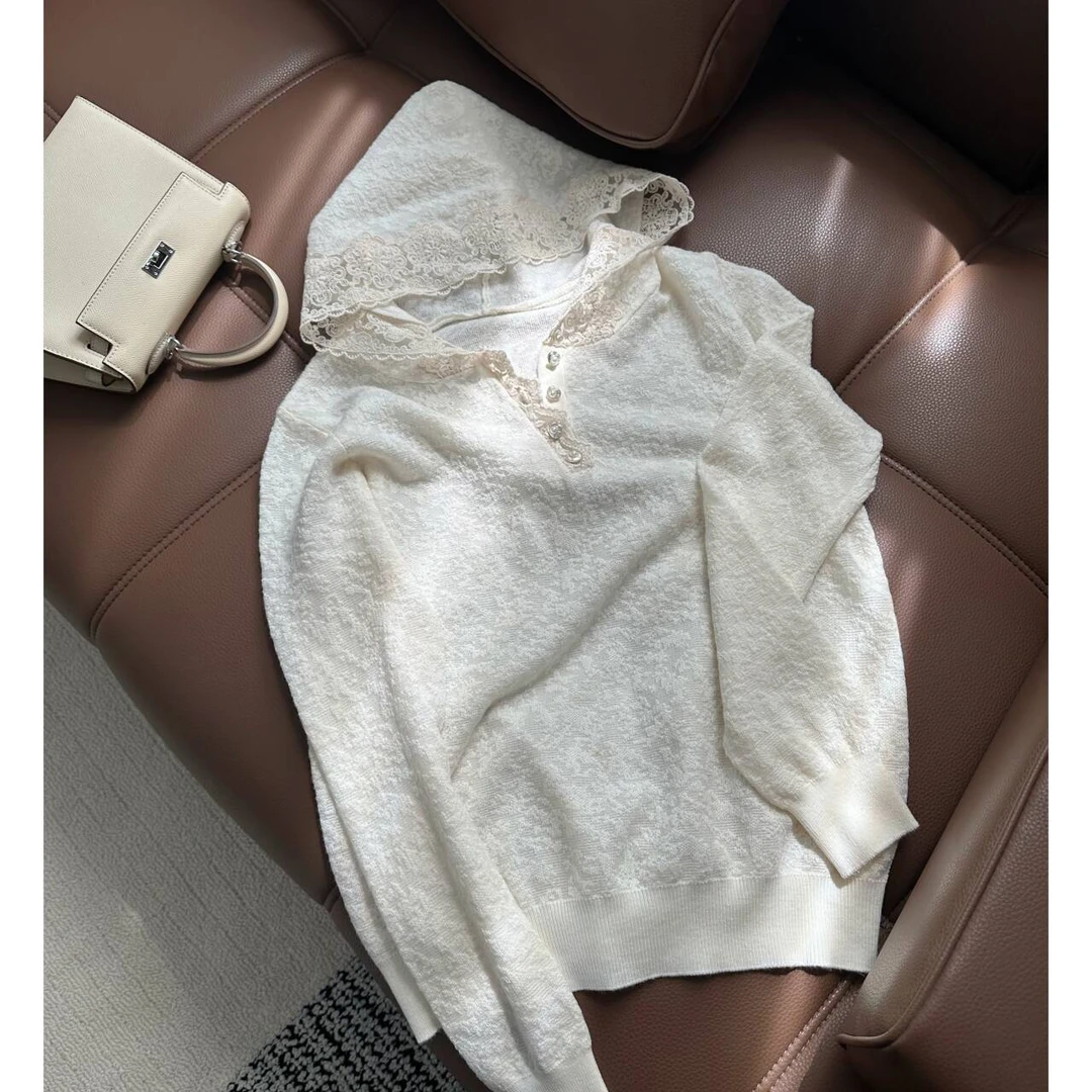 宠粉款 高定纱线含羊毛2025春夏蕾丝连帽打底衫上衣DDS406/5