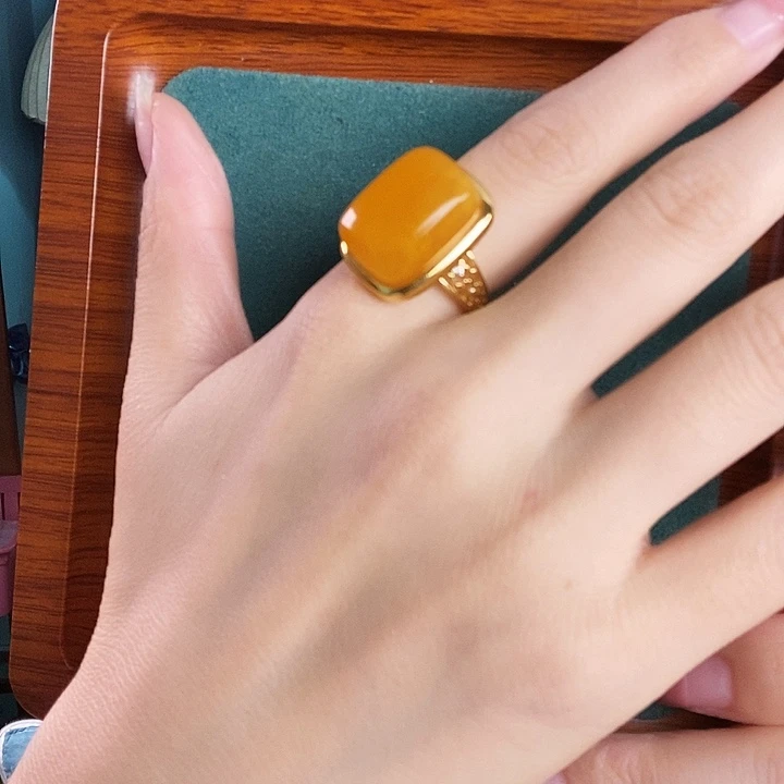 银S925镶嵌蜜蜡戒指戒指