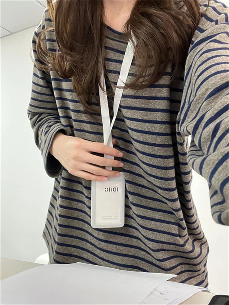 韩系穿搭条纹打底衫女内搭长袖t恤早秋新款chic别致宽松长袖上衣