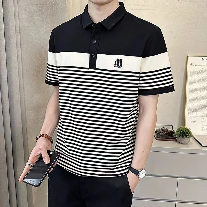 夏季男士新款时尚百搭潮流透气撞色拼接条纹翻领POLO衫短袖T恤