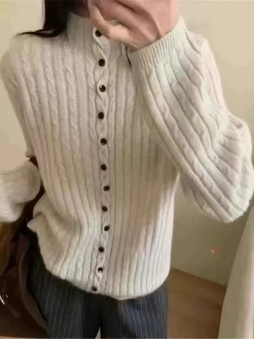 Taoqicaomei·半高领波浪门襟针织开衫内搭可外穿设计感毛衣上衣