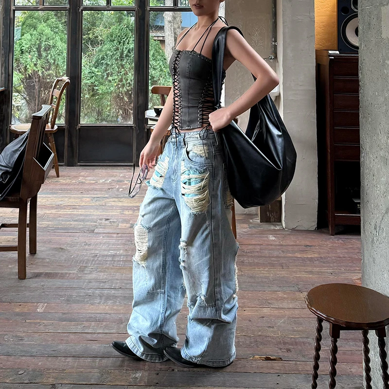 大码高个子加长蓝色破洞牛仔裤女夏季新款宽松低腰水洗做旧阔腿裤