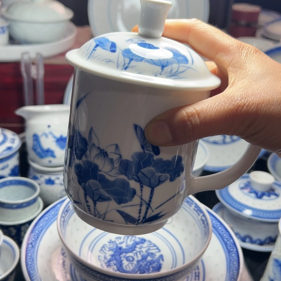 碗小*蛋手绘青荷花办公杯500毫升