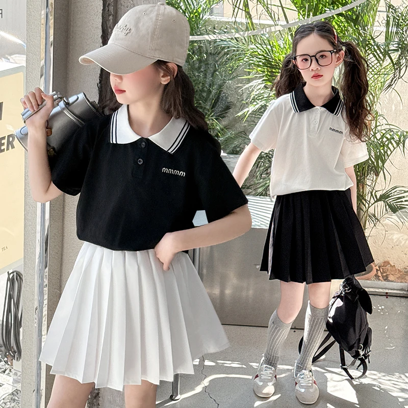 女童夏季套装2025新款儿童polo领短袖T恤百褶裙两件套女孩休闲潮