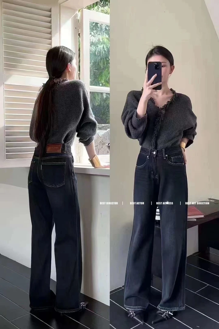 DU【9566】2024时尚百搭休闲显瘦高腰复古直筒牛仔长裤