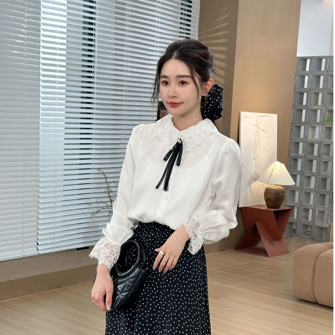 HELA AOMI“蕾丝领”法式气质蕾丝花边长袖简约通勤衬衫CY4DX11094