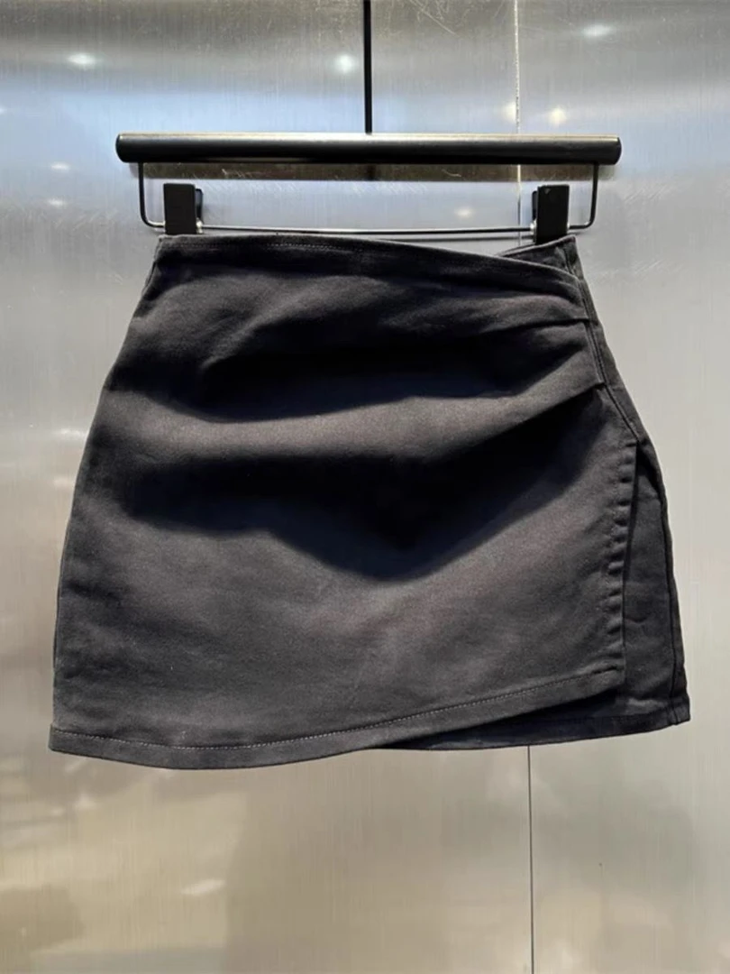 黑色弹力牛仔半身裙女夏季新款不规则褶皱高腰辣妹包臀裙A字短裙