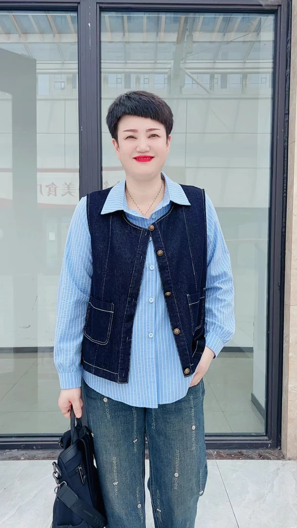 冯小姐时尚大码女装（休闲百搭显瘦洋气减龄蓝色潮流衬衫马甲套装）