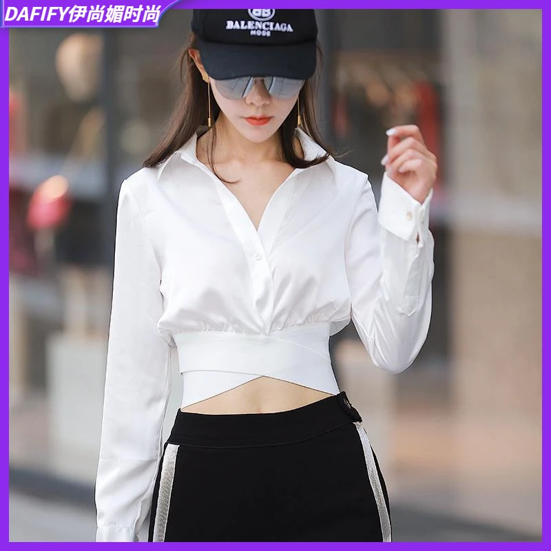 II2025上衣女时尚露脐打底衫女长袖衬衣女交叉弹力带高腰短款衬l
