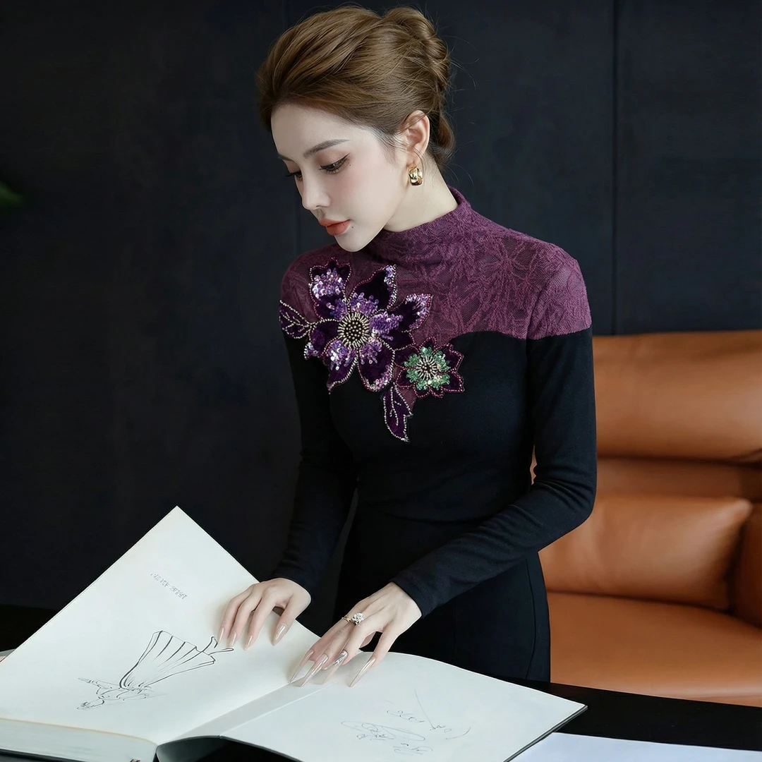 【芙娜妮】2025刺绣针织衫秋冬时尚打底衫短款套头上衣女F2531177A