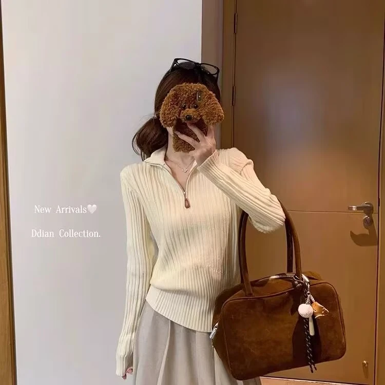 2024秋冬韩版气质拉链领坑条显瘦时尚百搭针织内搭长袖毛衣上衣