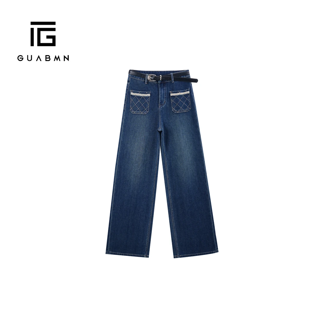 GUABMN2025秋季新款菱格刺绣高腰牛仔裤窄版直筒牛仔裤5791