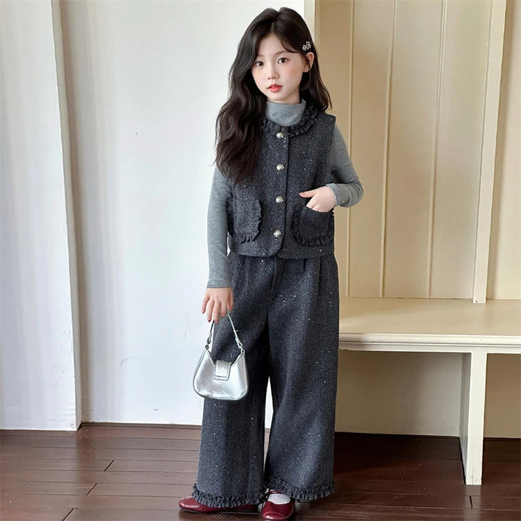 6-8-9-12岁高档女大童衣服女童小香风套装儿童秋装毛呢马甲三件套