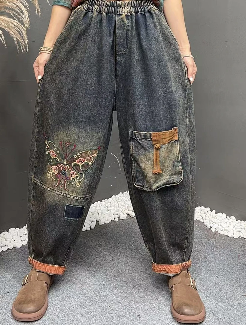牛仔裤早秋新款9302蝴蝶花单大兜老爹裤水洗百搭宽松韩版时尚复古