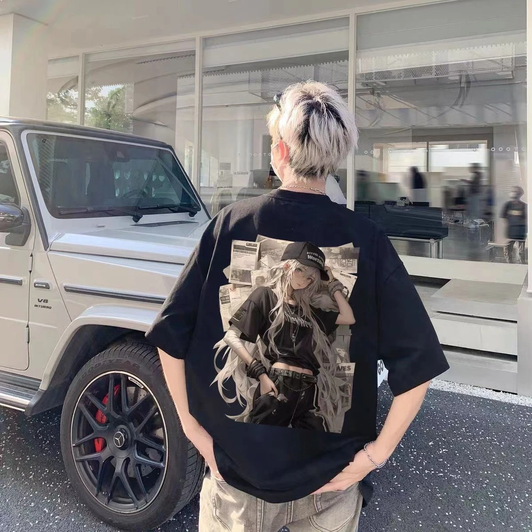 100%纯棉重磅美式潮牌oversize短袖t恤男女夏季报纸女孩宽松上衣