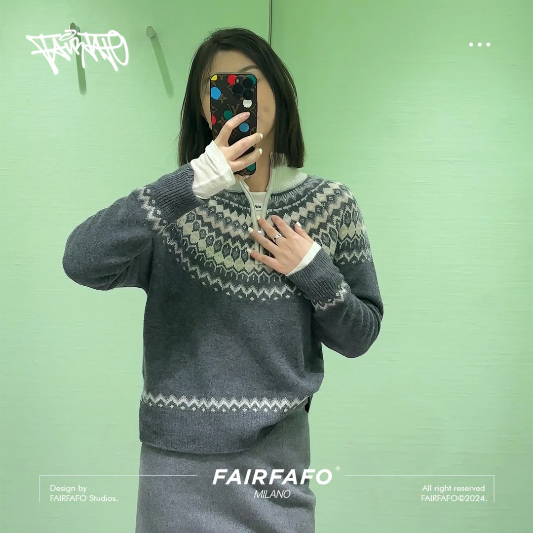 FAIRFAFO林肉肉【撞色提花半拉领毛衣】100绵羊毛宽松DT4MD0166秋冬