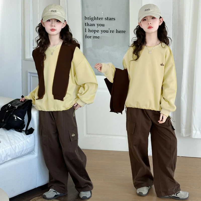 （现货）2025年春秋开学季带披肩10岁女童两件套纯色中大童休闲卫衣