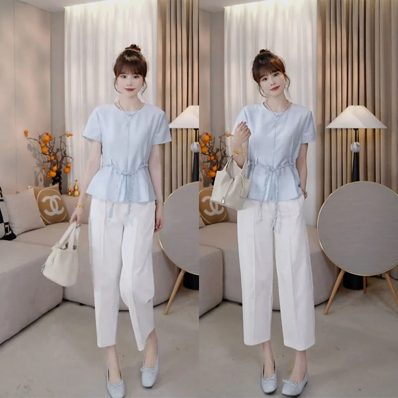 夏季时尚设计感法式轻熟风收腰显瘦短袖衬衫休闲九分裤百搭一整套