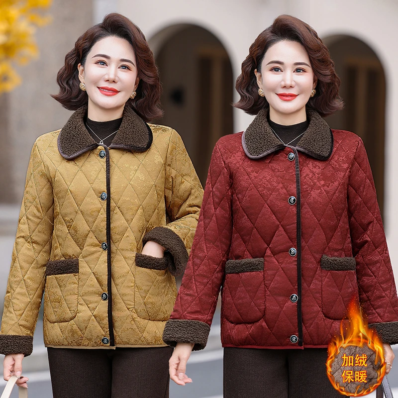 冬季新款妈妈装棉衣加绒加厚短款小棉袄洋气中老年人女装棉服外套