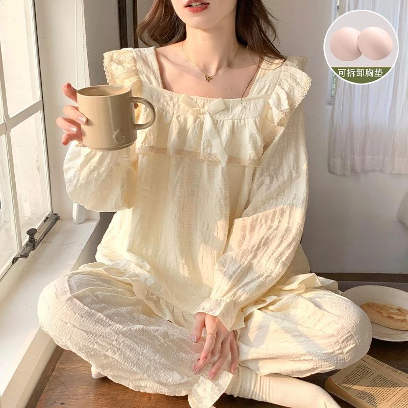 带胸垫云朵棉睡衣女春秋款长袖甜美公主风2025新款夏季家居服套装