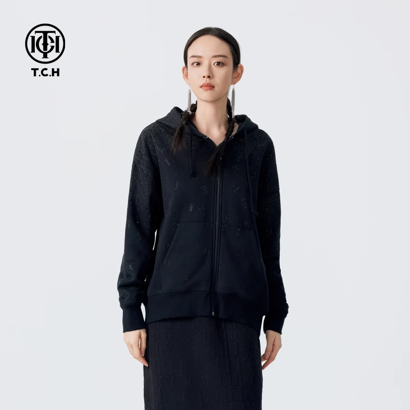 TCH轻奢烫钻工艺字母休闲卫衣连帽开衫外套男女T72C176003轻奢tch