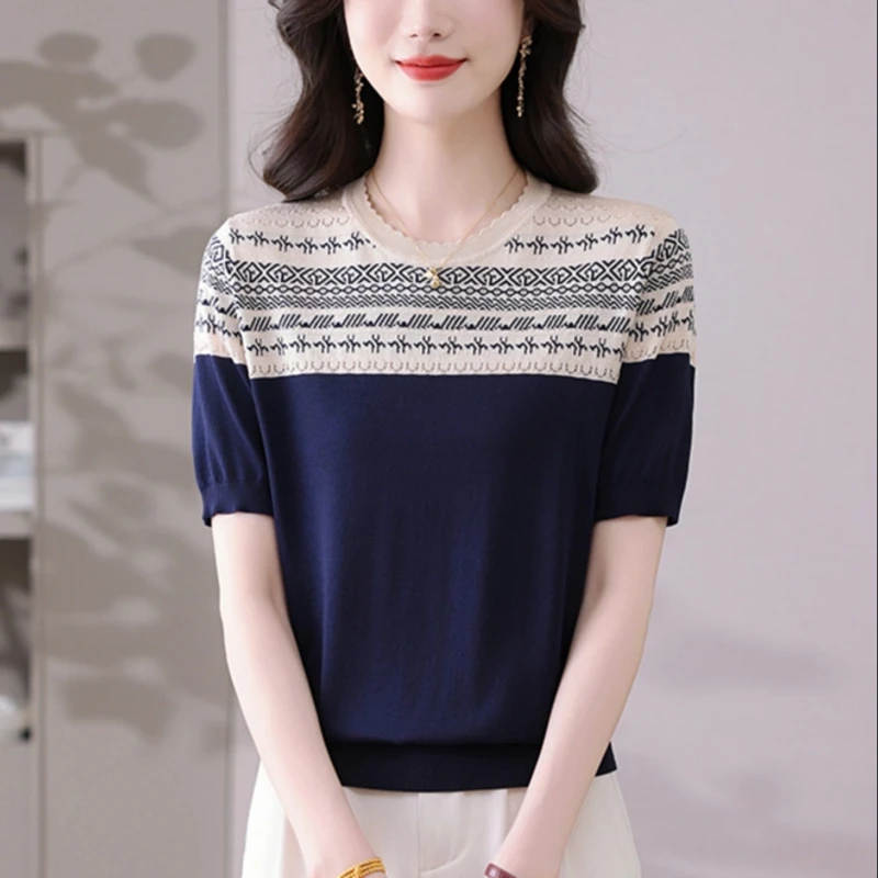 莱赛尔天丝显瘦薄款宽松T恤松洋气圆领妈妈薄款透气时尚上衣提花