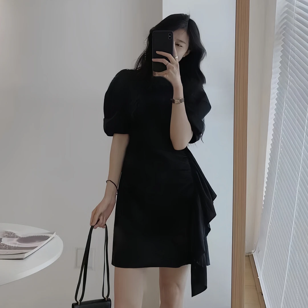 大码女装夏装新款宽松显瘦中长款连衣裙韩版法式炸街设计感裙子