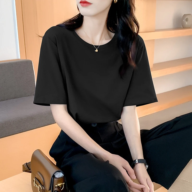 纯棉白色t恤女短袖夏季宽松薄款打底t桖夏装纯色显瘦上衣