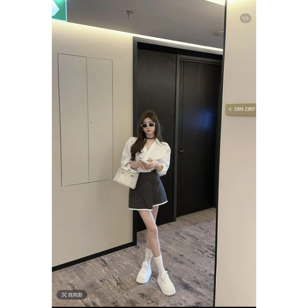 早秋新款必备白衬衣 泡菜订制蕾丝边白色衬衫+竖条不规则西装半裙