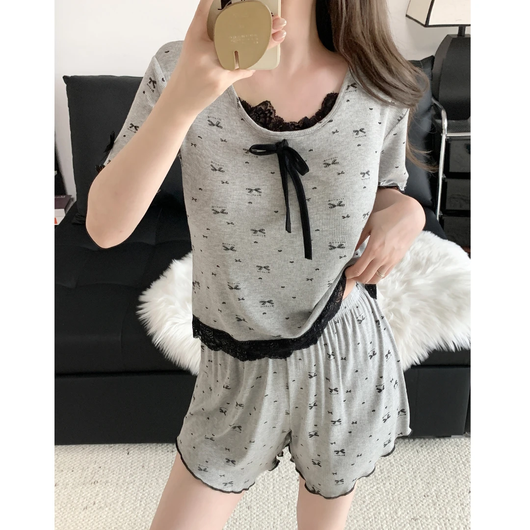 带胸垫睡衣女夏季薄款莫代尔甜美性感带胸垫套装家居服